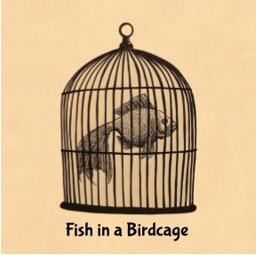a fish in a birdcage, 2D black pen on tan background